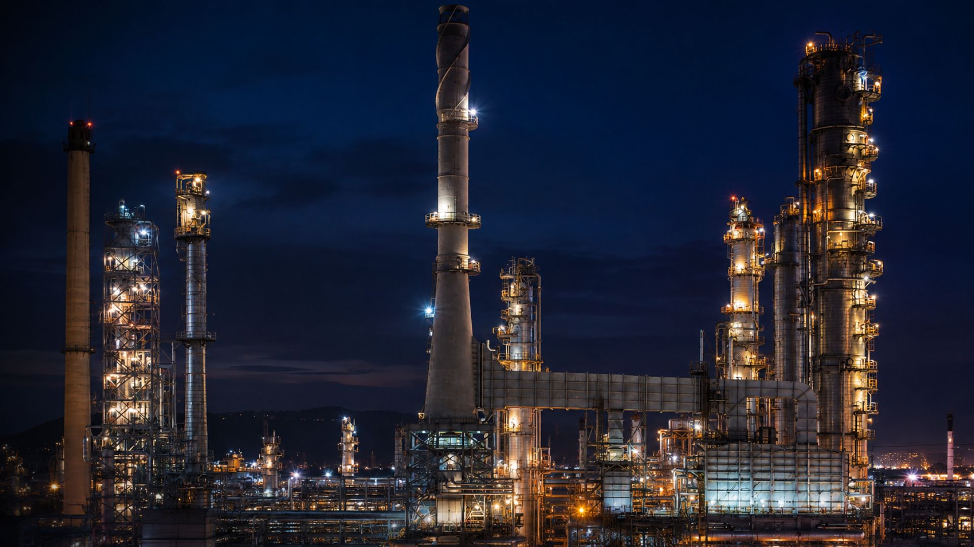 Refinaria industrial iluminada à noite, torres e chaminés metálicas com luzes âmbar e azuladas, céu azul profundo ao entardecer, atmosfera tecnológica e imponente, fotografia realista de longa exposição